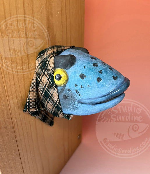 Fish wife in plaid bandana, handmade ceramic fish head