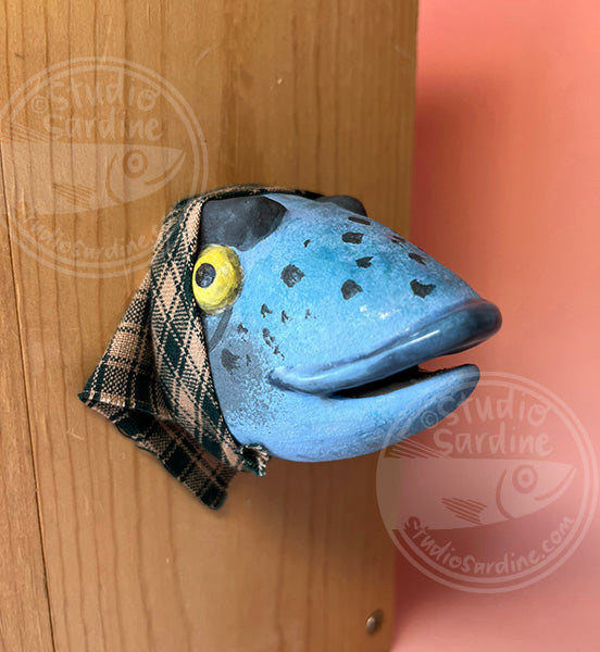 Fish wife in plaid bandana, handmade ceramic fish head