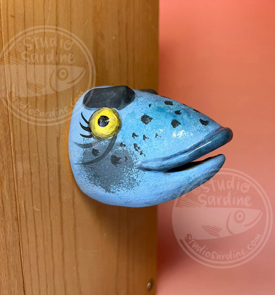 Fish wife in plaid bandana, handmade ceramic fish head