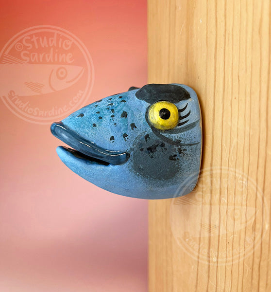 Fish wife in plaid bandana, handmade ceramic fish head