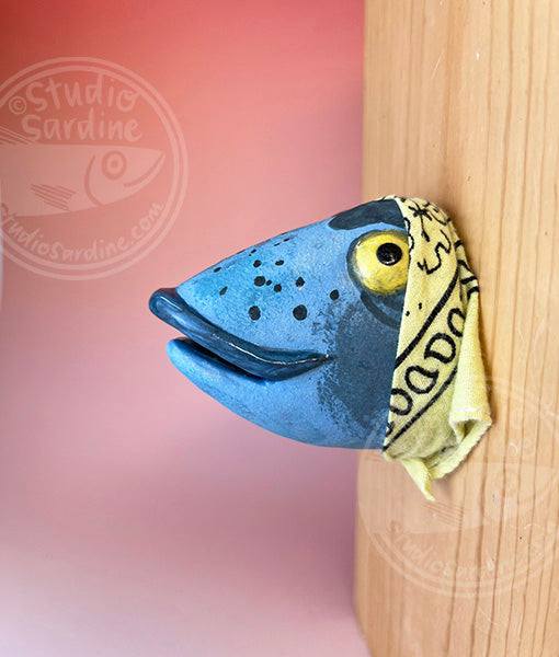 Fish wife in yellow bandana B, handmade ceramic fish head