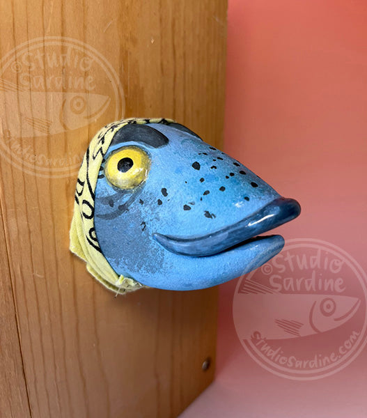Fish wife in yellow bandana B, handmade ceramic fish head