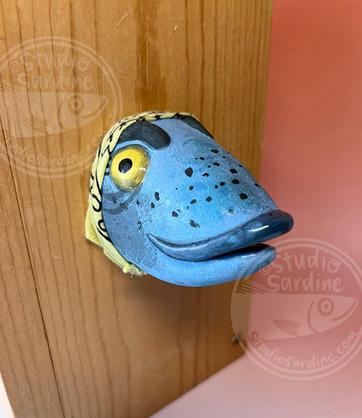 Fish wife in yellow bandana B, handmade ceramic fish head