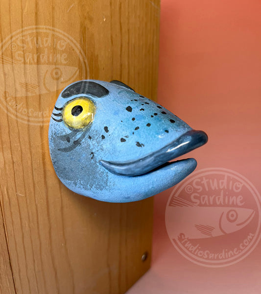 Fish wife in yellow bandana B, handmade ceramic fish head