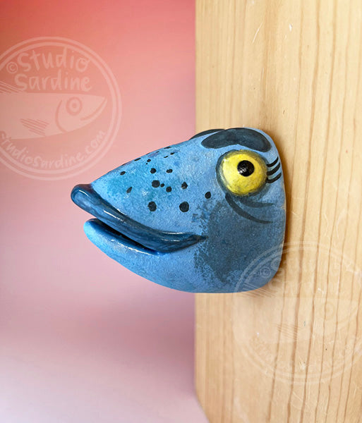Fish wife in yellow bandana B, handmade ceramic fish head