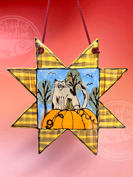 Hanging eight-pointed-star wall ceramic tile with cat and pumpkin