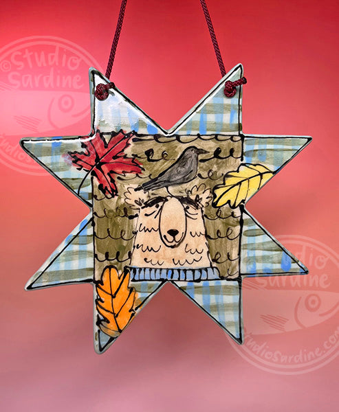 Hanging eight-pointed-star wall ceramic tile with bear and crow
