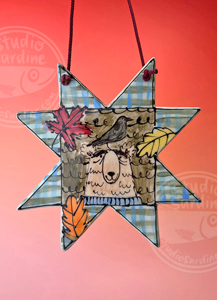 Hanging eight-pointed-star wall ceramic tile with bear and crow