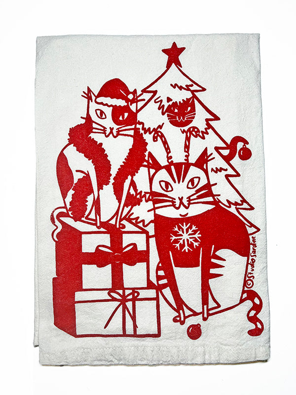 Festive Felines hand-printed tea towel in merry red