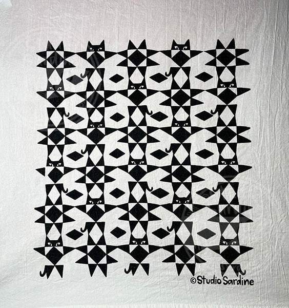 Quilty Cat Hand-Printed Cotton Tea Towel