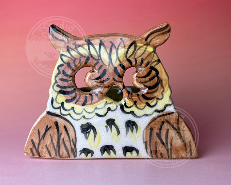 Horned owl stoneware tealight luminary A