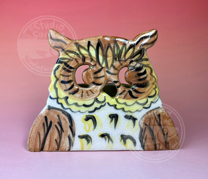 Horned owl stoneware tealight luminary C