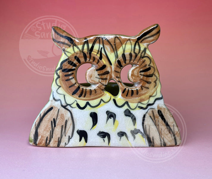 Horned owl stoneware tealight luminary B