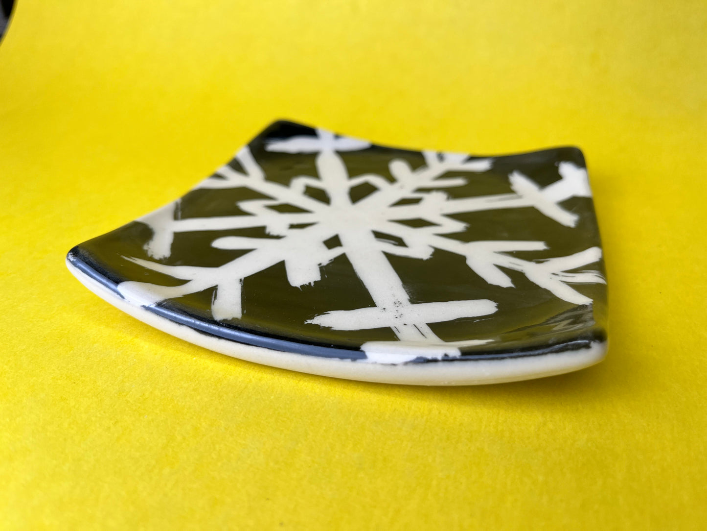 Graphic snowflake handmade porcelain square plate