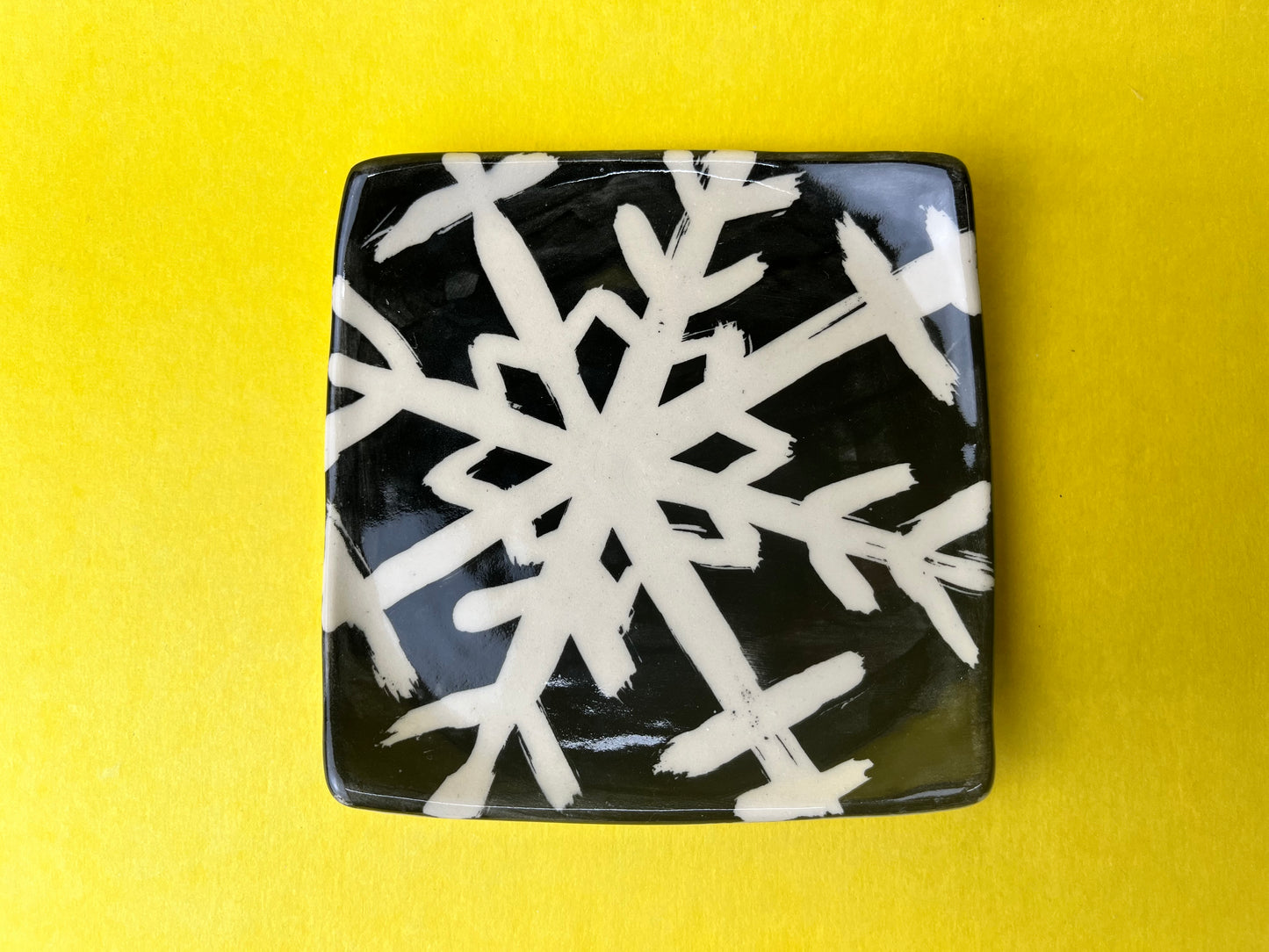 Graphic snowflake handmade porcelain square plate