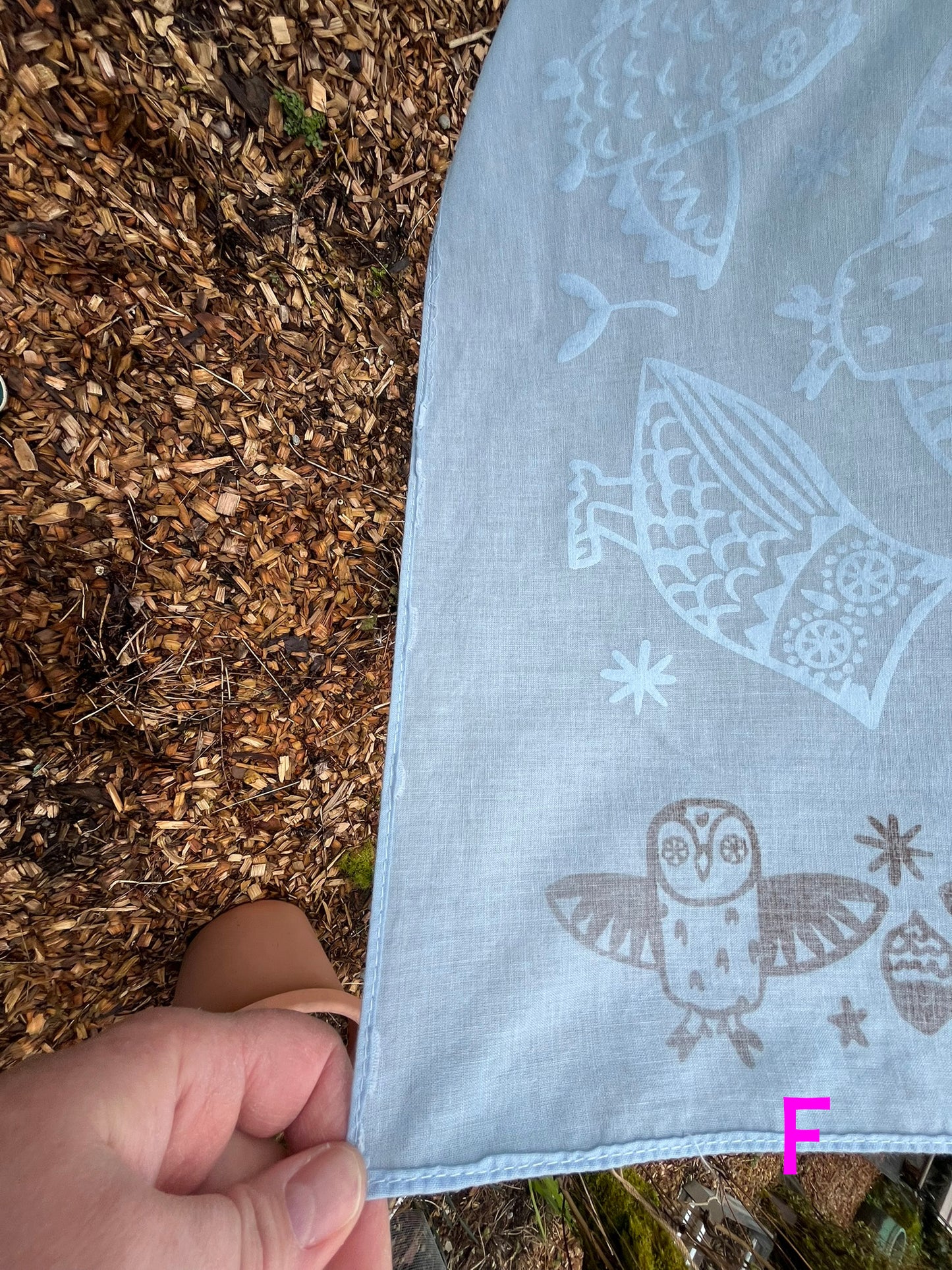 Ceramic owl bandana screenprinted in white on blue