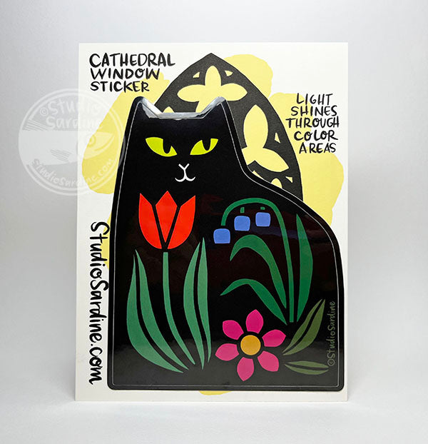 Garden Cat Cathedral Window Stained Glass Effect Sticker