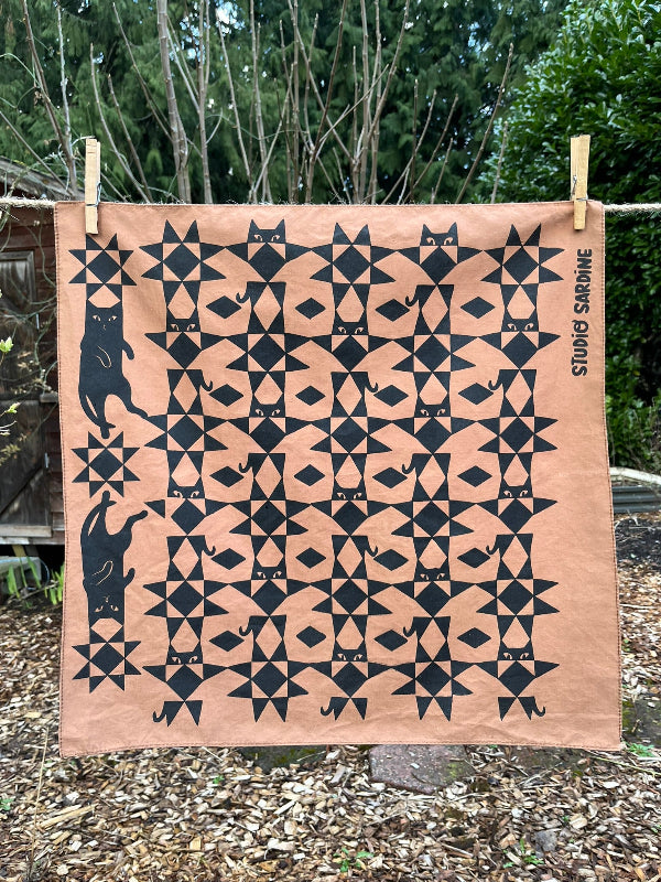 Quilty cat bandana screenprinted in black