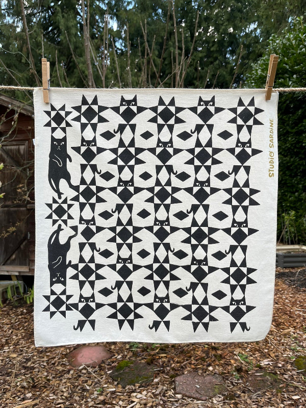 Quilty cat bandana screenprinted in black