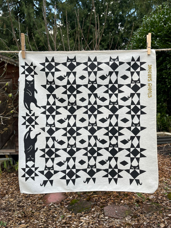 Quilty cat bandana screenprinted in black
