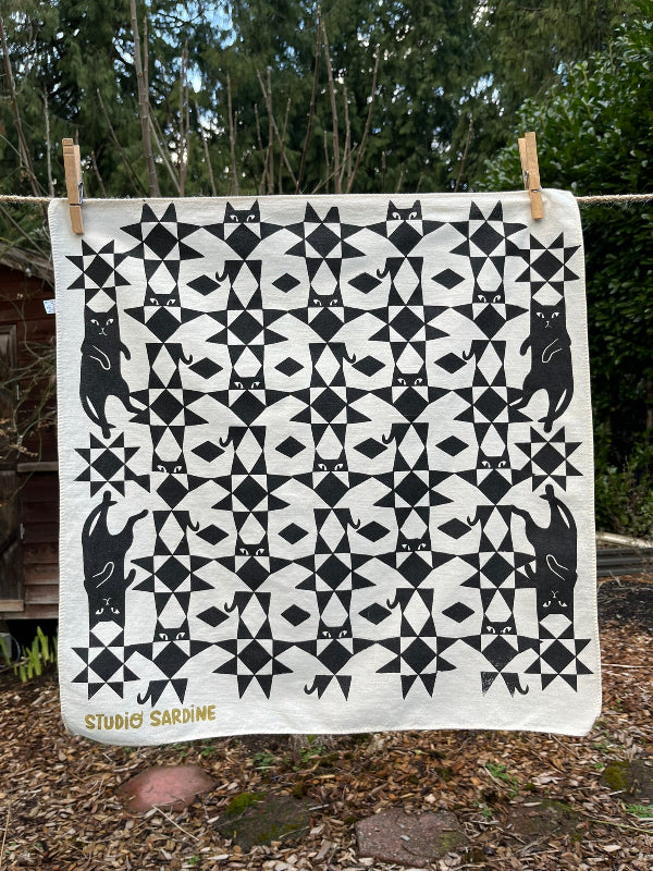 Quilty cat bandana screenprinted in black