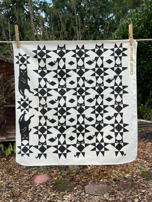 Quilty cat bandana screenprinted in black