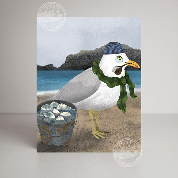 Clam Harvest Seagull blank notecard, cards for beachcombers