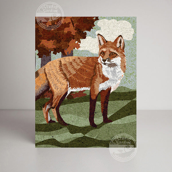 Fall Fox and falling leaves blank notecard, nature lovers